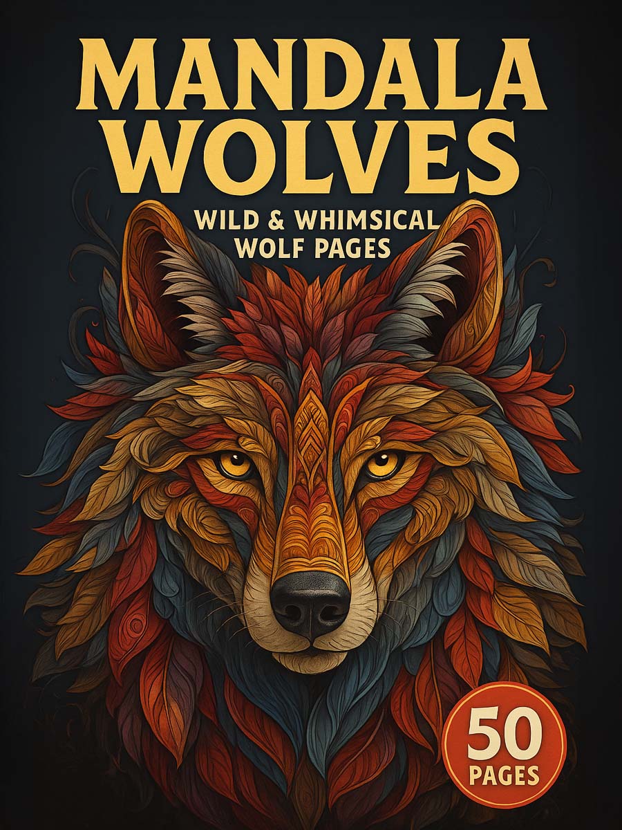 Mandala Wolves – 50 Wild & Whimsical Wolf Pages